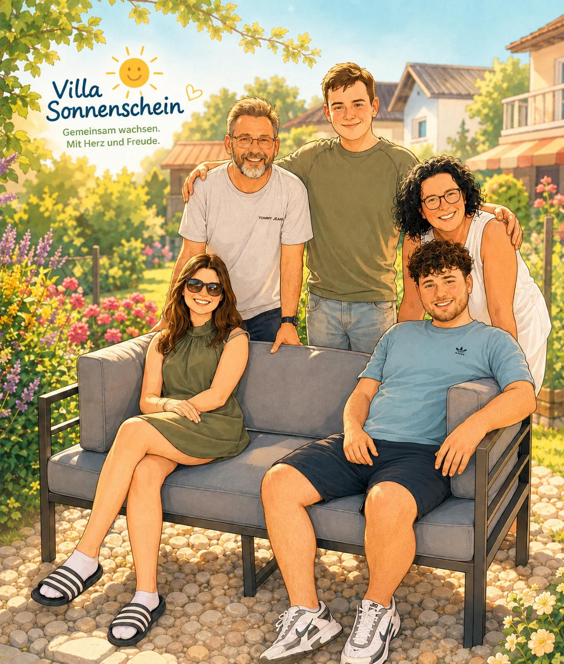 Comiczeichnung der Tagesmutter mit ihrer Familie im Garten der Villa Sonnenschein
